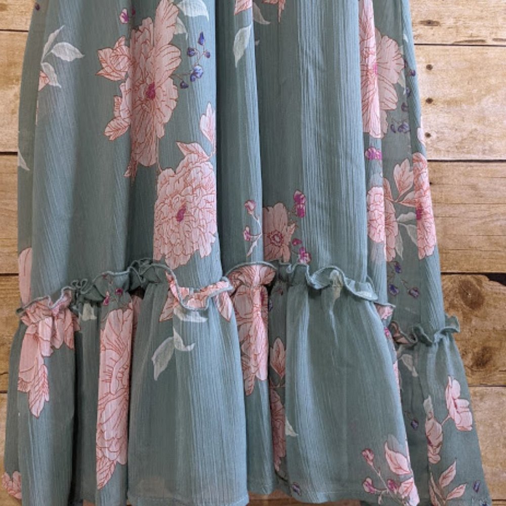 Mossy Green Floral Halter Drop Waist Dress - Picture 5 of 6